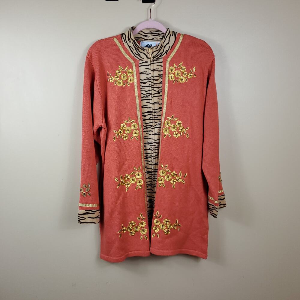 Storybook Knits Full Zip Long Length Cardigan Embroidered Zebra Print Size 1X